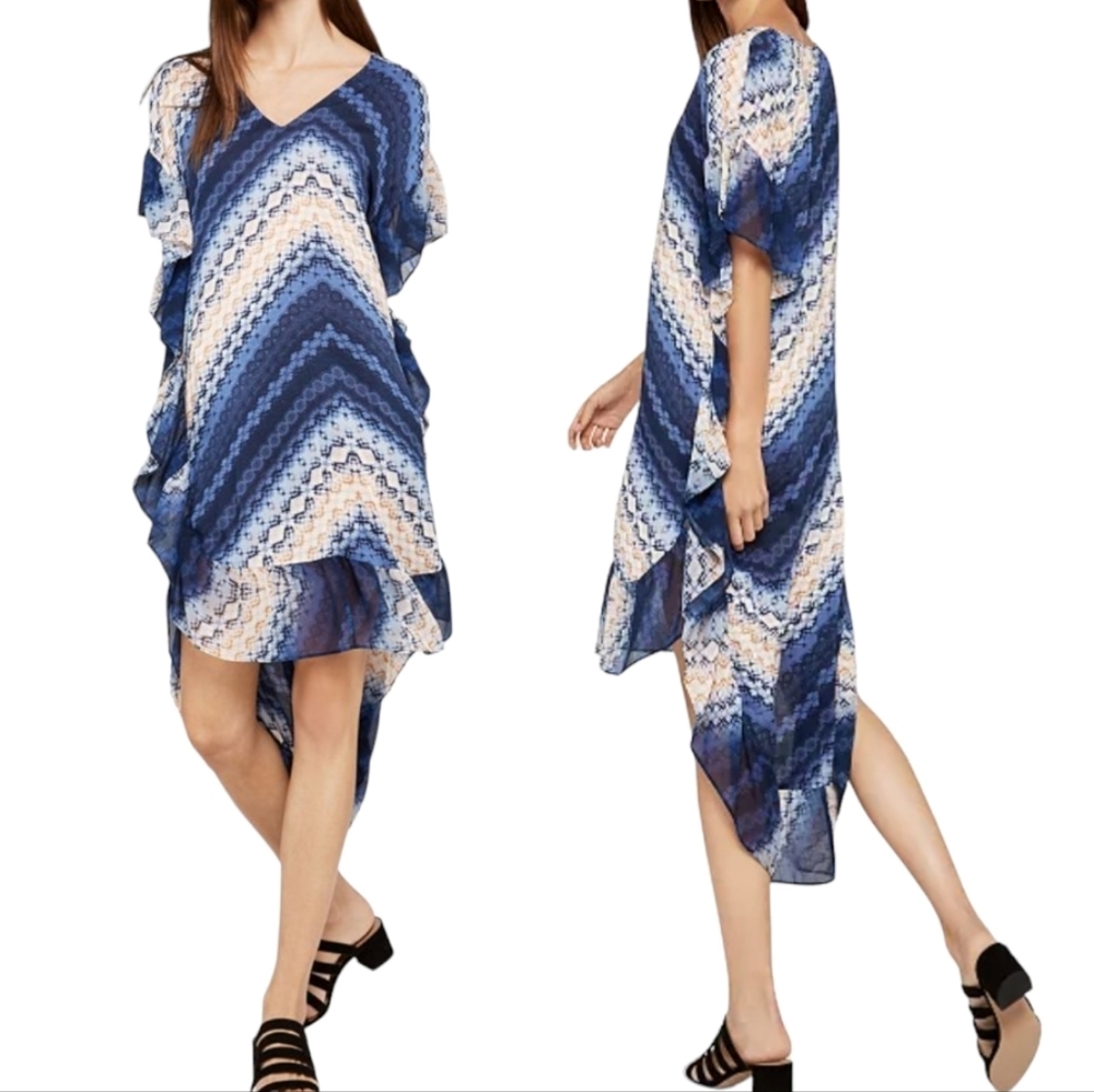 BCBGeneration Shibori Midi Dress Kaftan Medium Blue White Gold TieDye Breeze NWT